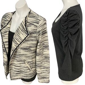 Style & Co Top Blazer Womens Medium Lot Knit Gray Puff Sleeve Work Office Date
